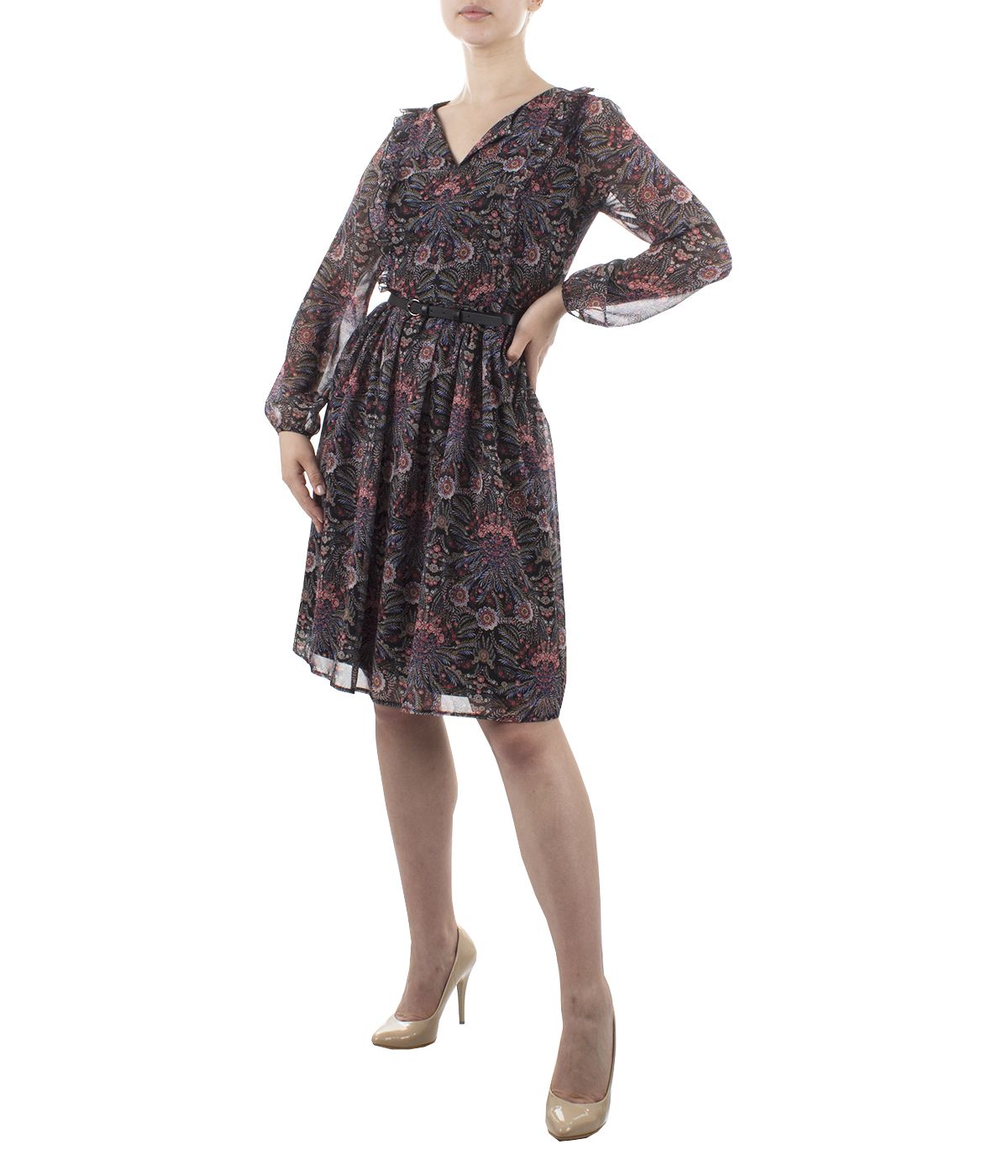 Chiffon dress with long sleeves, emphasized waist, with paisley print  3